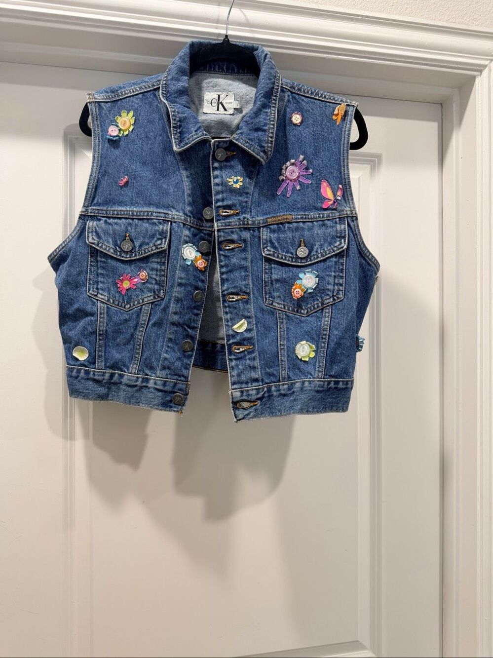 CK Calvin Klein Embellished Denim Vest Blue Jean Sleeveless Jacket Size L